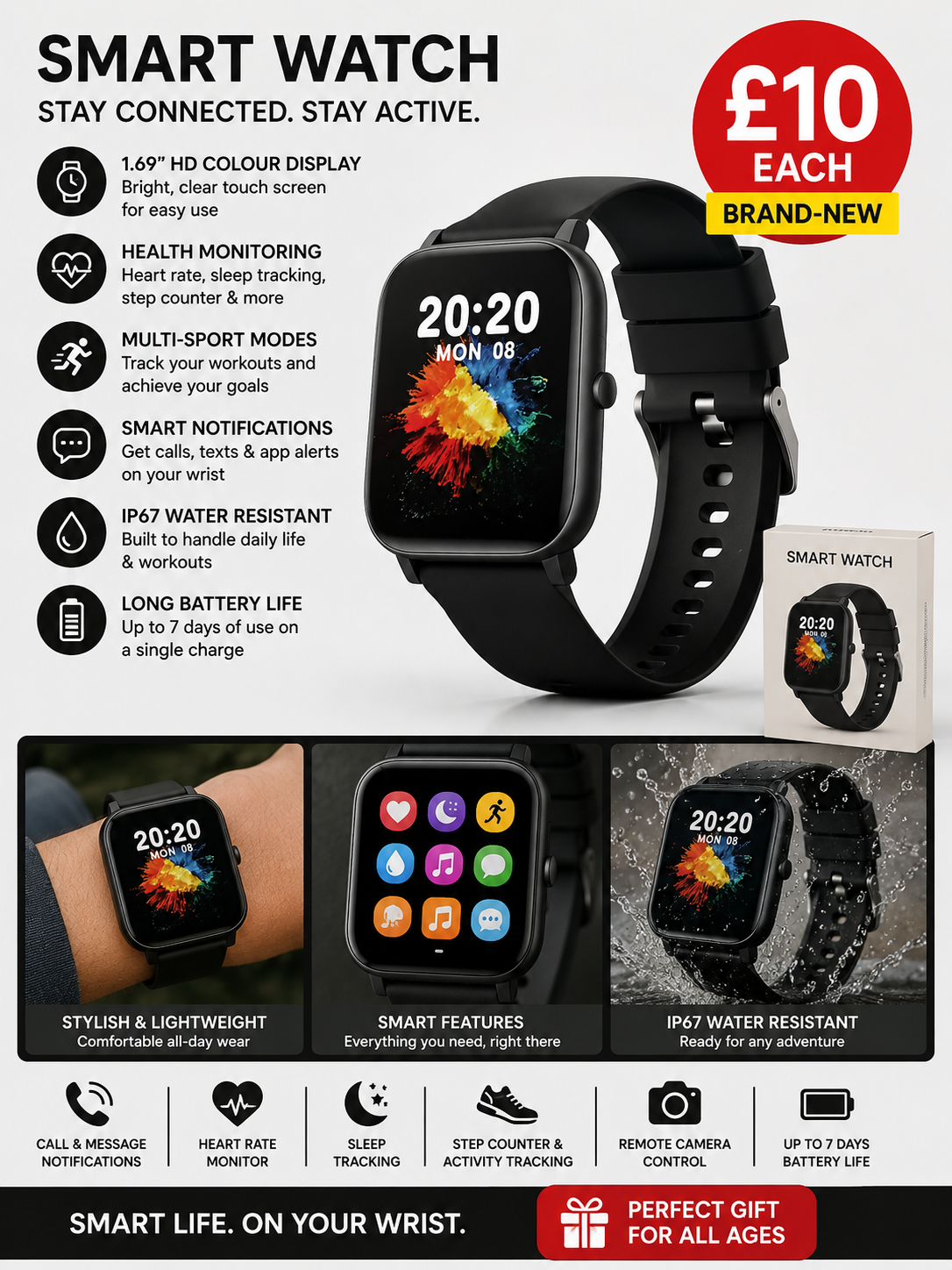 Bluetooth Smartwatch with White and Black Straps