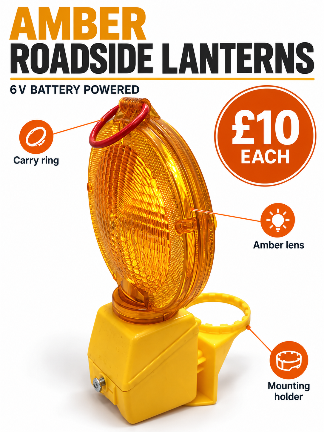Amber 6 V roadside lantern with yellow base and red carry ring on a white background