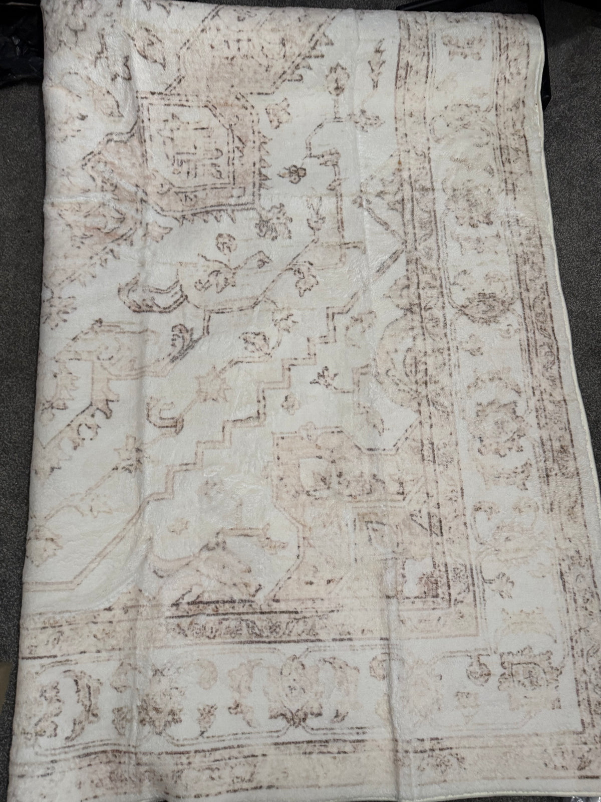 Cream and taupe rug with a faded traditional border pattern