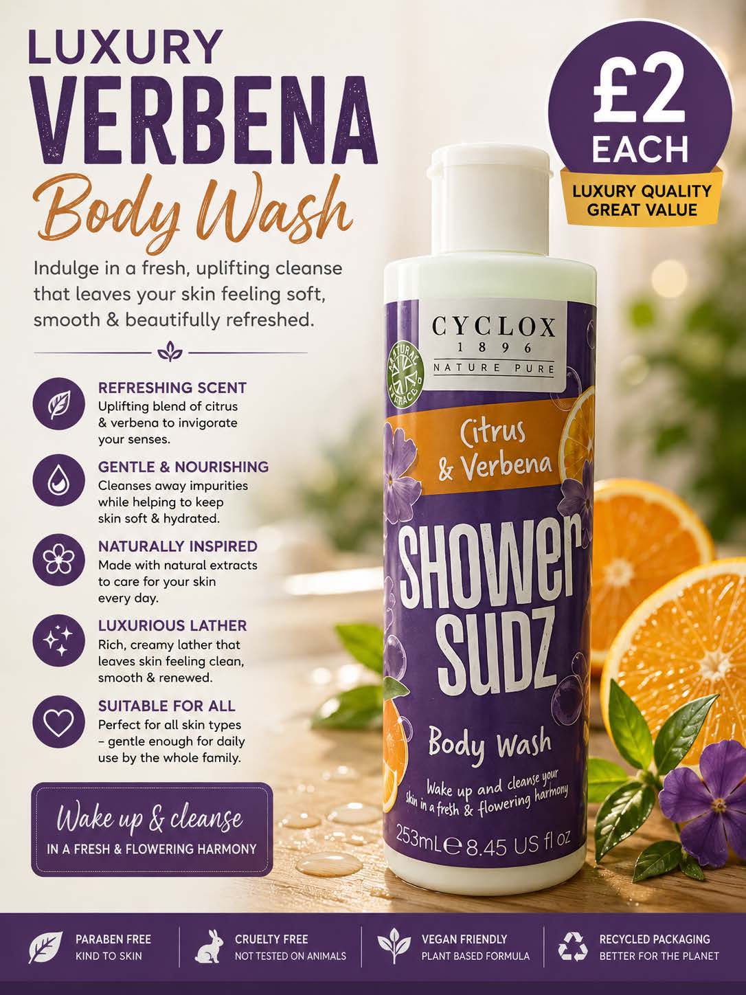 Cyclax Nature Pure Citrus & Verbena Shower Sudz – 250ml