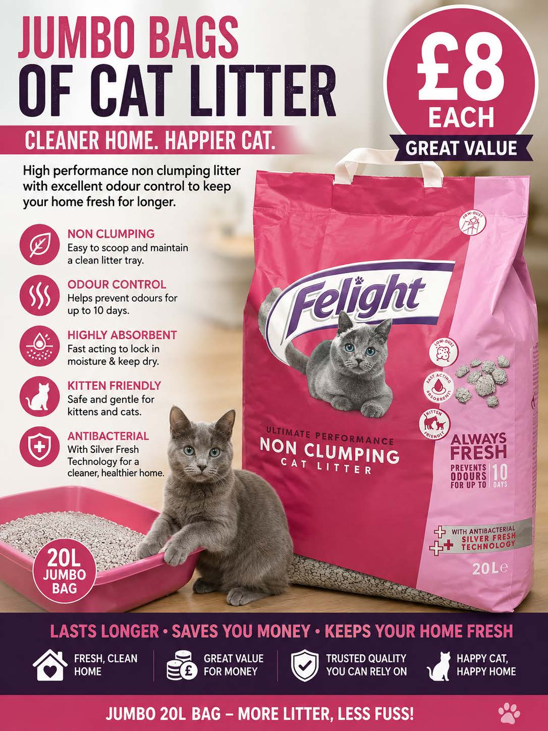 Felight Antibacterial Silver Fresh Cat Litter – 20L