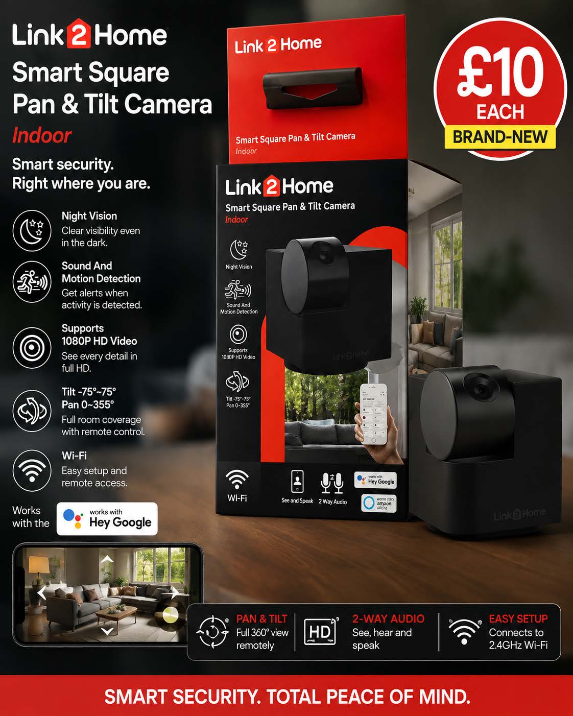 Link2Home Smart Square Pan & Tilt Indoor Camera – 1080p