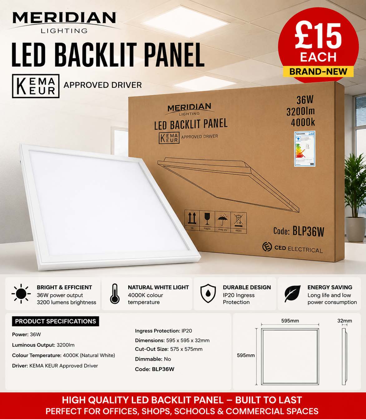 Meridian 36W LED Backlit Panel – 600 × 600mm
