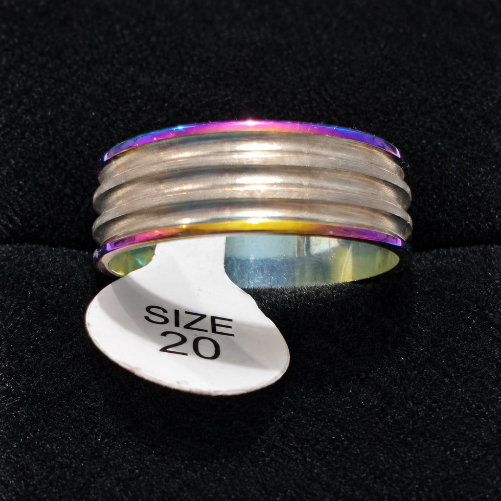 Rainbow Edge Silver-Tone Grooved Band stainless steel ring