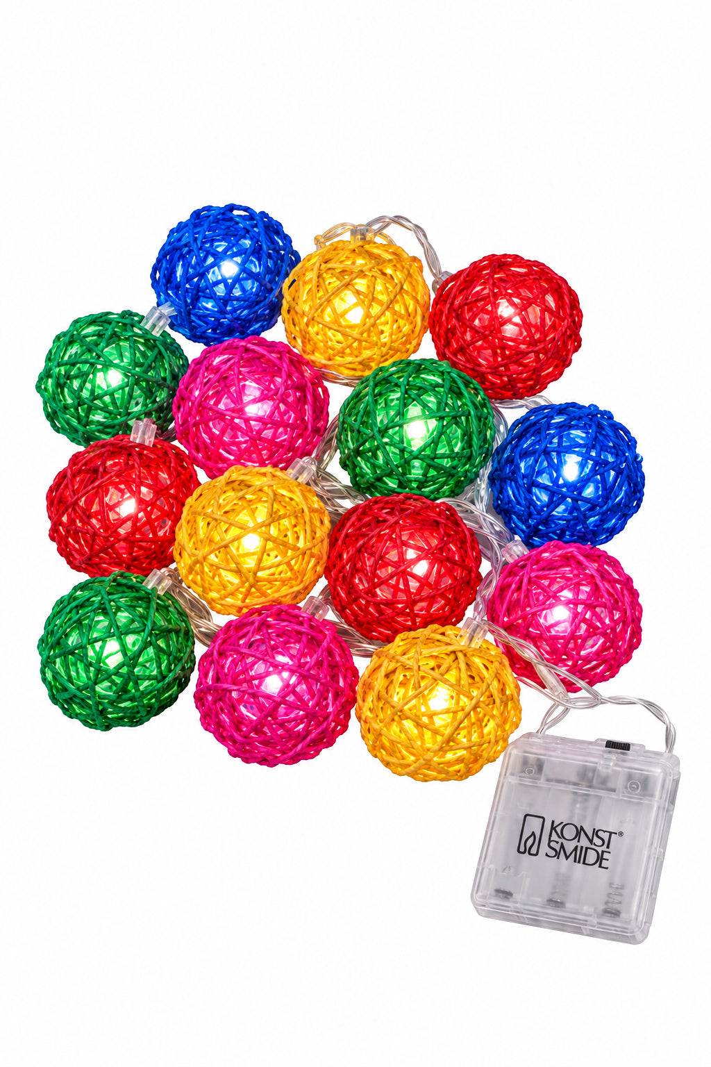 Konstsmide indoor decorative light set packaging showing sixteen multicoloured woven balls