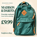 Madison & Dakota green rucksack with tan detailing, £9.99 at Beighton Stores