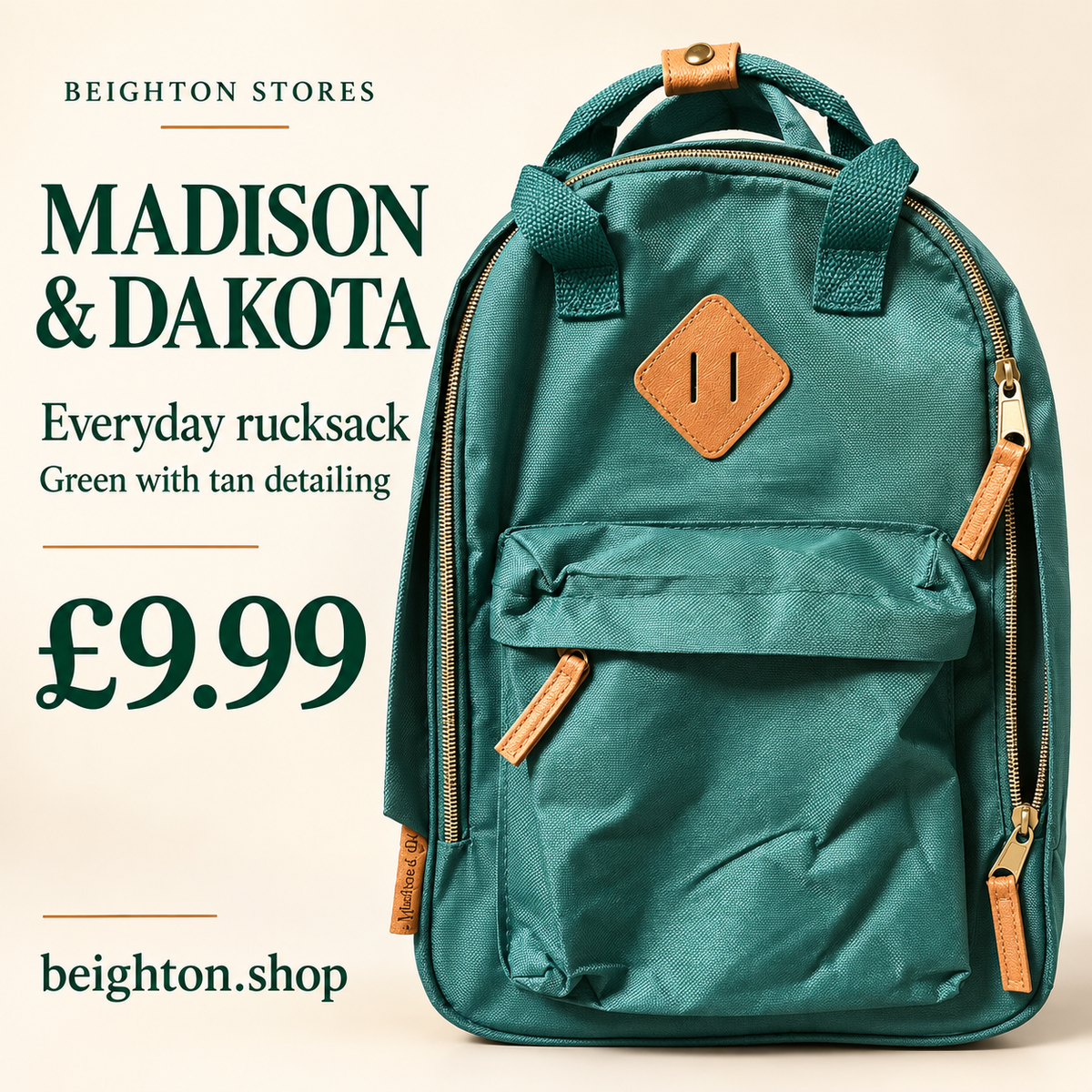 Madison & Dakota green rucksack with tan detailing, £9.99 at Beighton Stores