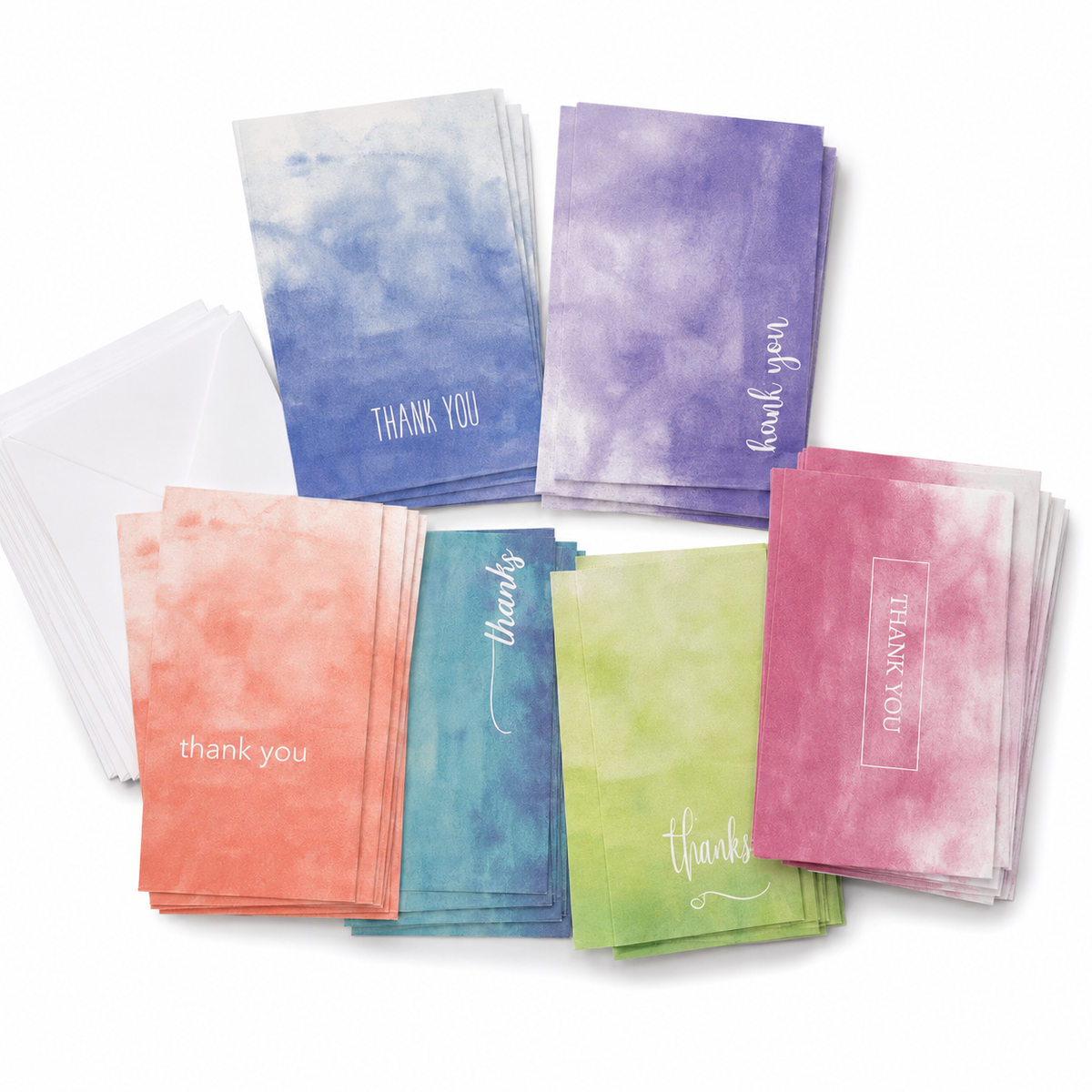 Assorted watercolour thank-you cards and envelopes