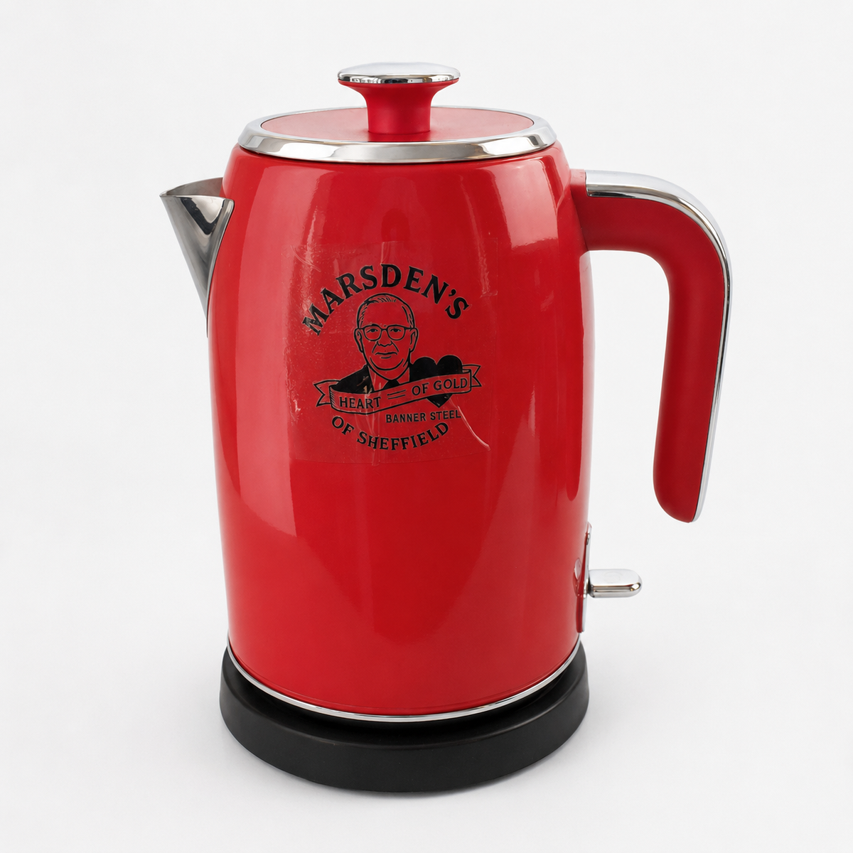 Red electric kettle with Marsdens of Sheffield Heart of Gold design