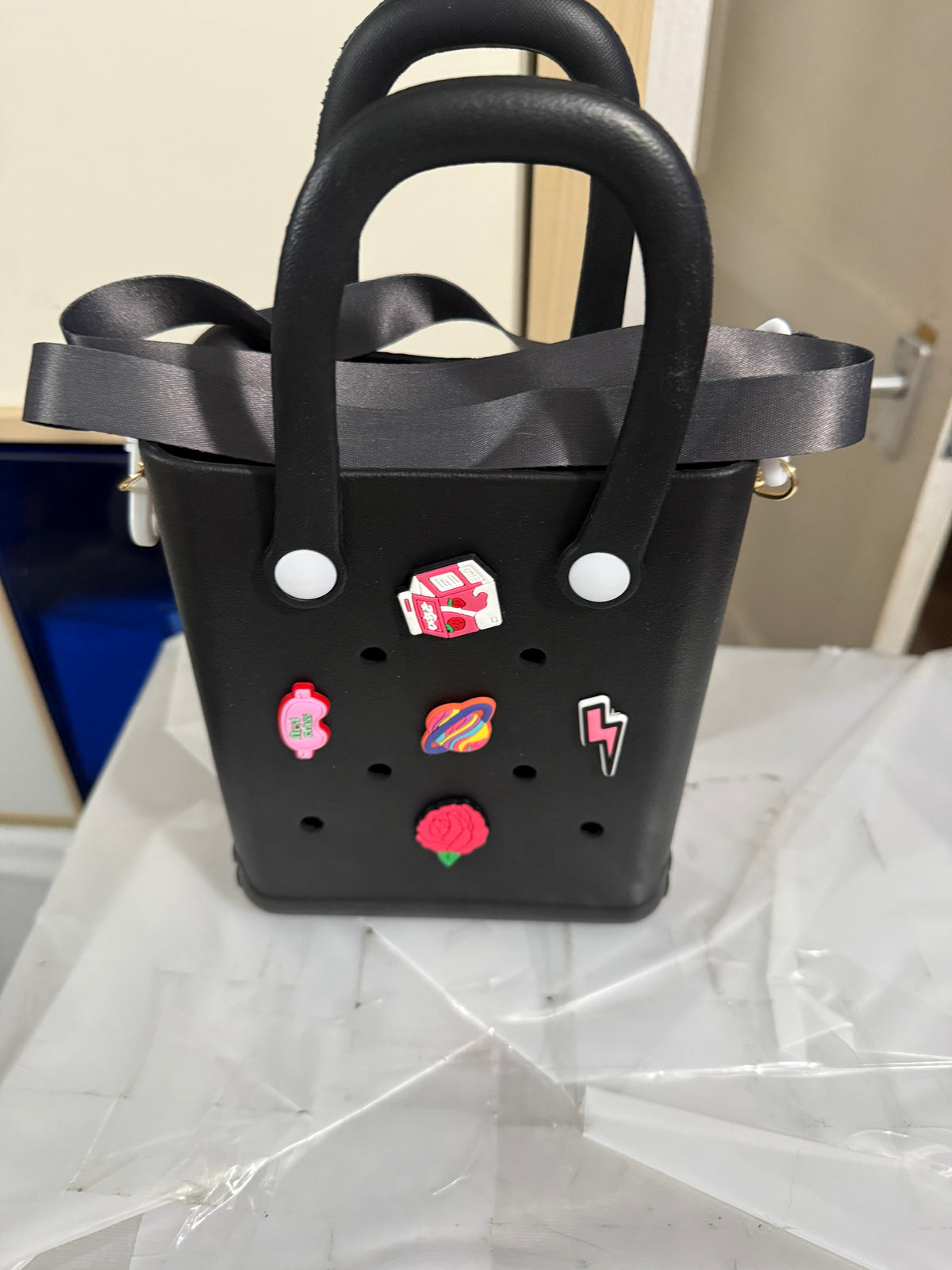 Black Mini Tote Bag with Decorative Charms – product view